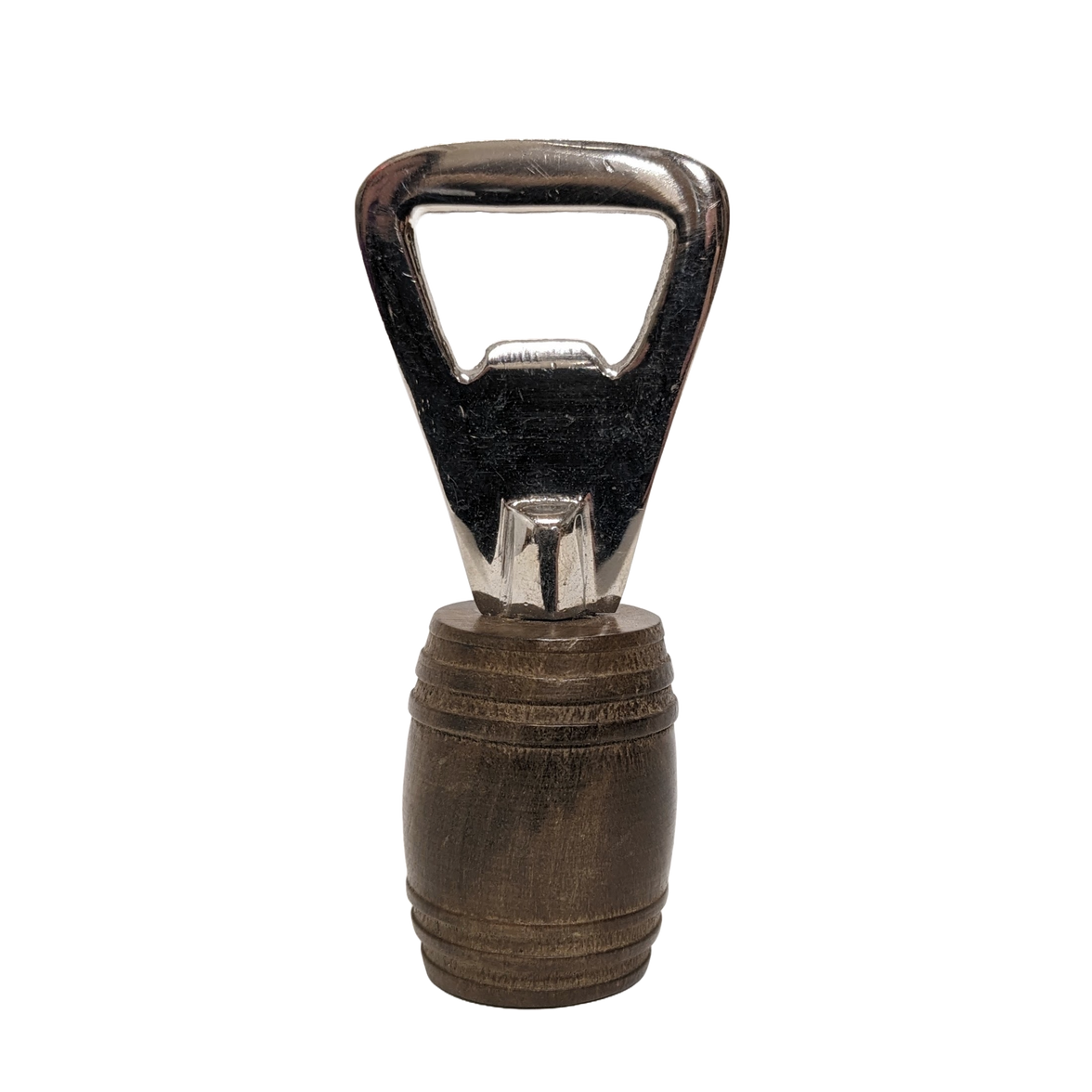 A barrel-shaped metal bottle opener 