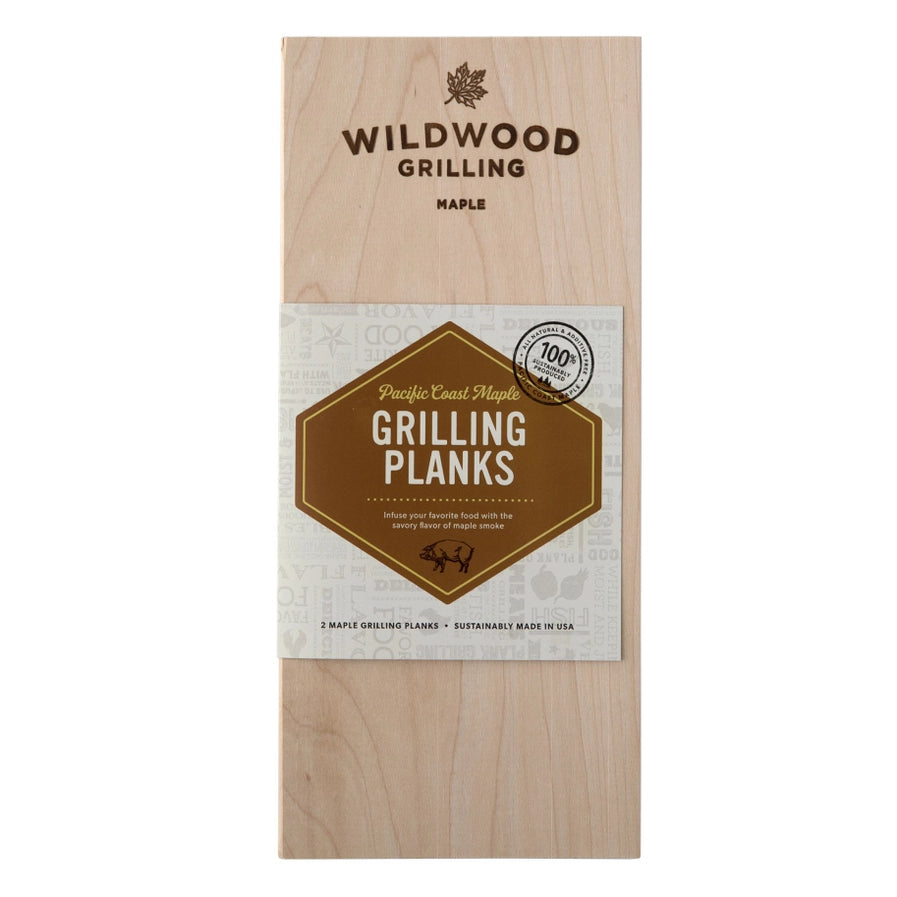 A package of Wildwood Grilling brand grilling planks made from Pacific Coast Maple, labeled as 100% natural and suitable for grilling various meats and vegetables.