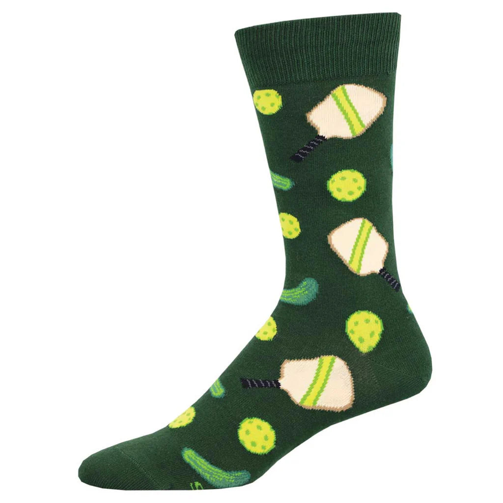 Green sock with tennis ball pattern on a white background