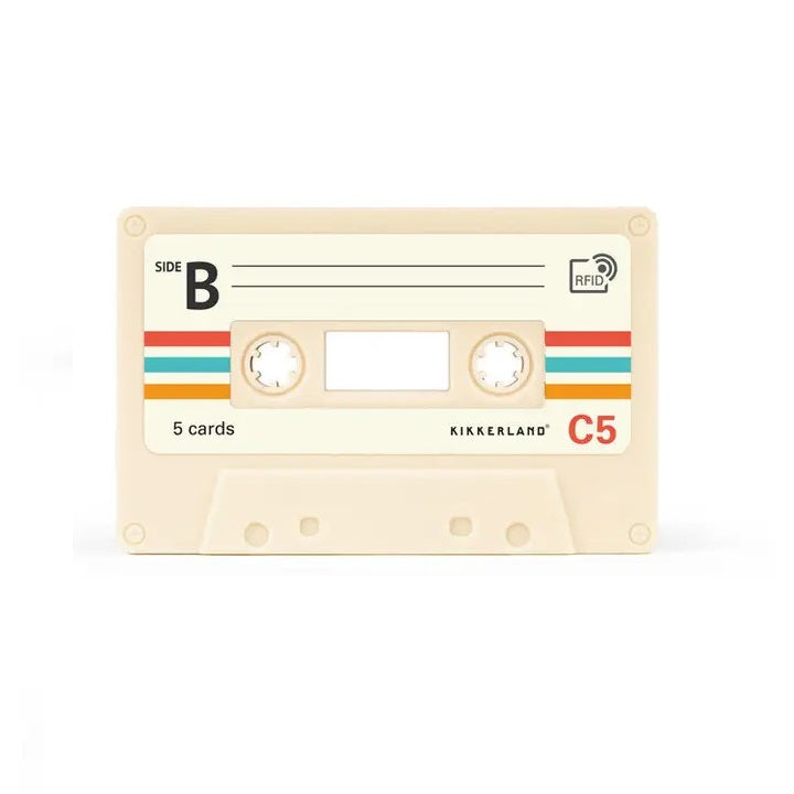 A white cassette tape-shaped card holder with Kikkerland branding on a white background.
