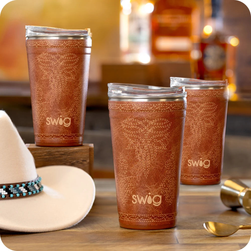 Saddle Stitch Cognac Party Cup (24 oz) | Swig Life