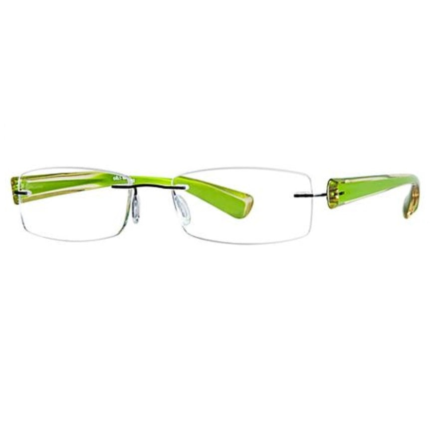 Green rimless eyeglasses on a white background