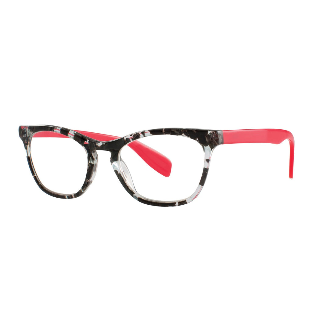 A pair of stylish reading glasses with a cat-eye silhouette, featuring a grey-flecked crystal acetate frame with a red and black color scheme, and ruby red temples.