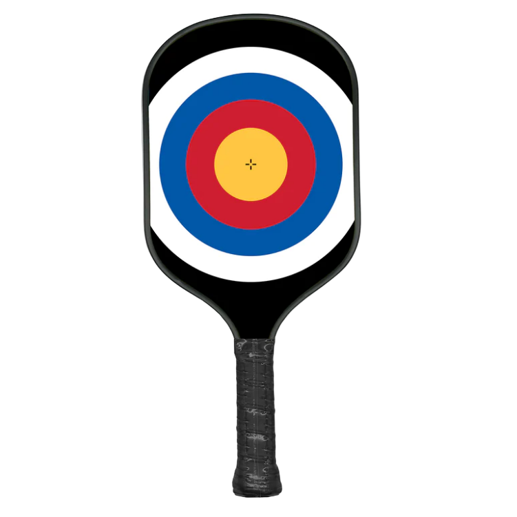 Pickleball paddle with a target design on a white background