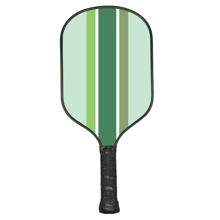 Pickleball paddle with green and black design on a white background