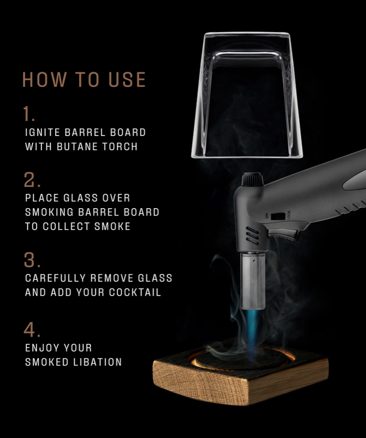 Text on how to use the butane torch, and an image of the torch burning the smoking barrel to create smoke.