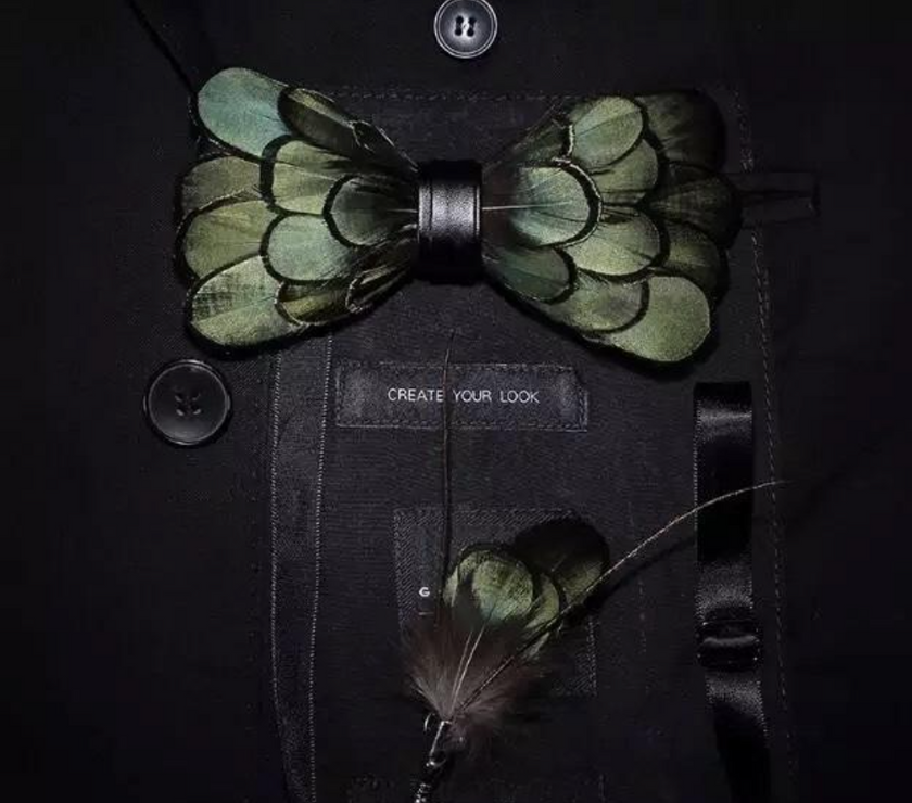 Handmade Green Feather Bow Tie & Lapel Pin