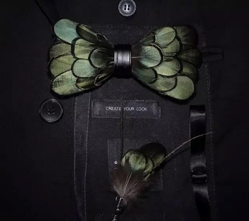 Handmade Green Feather Bow Tie & Lapel Pin