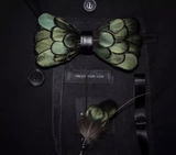 Handmade Green Feather Bow Tie & Lapel Pin