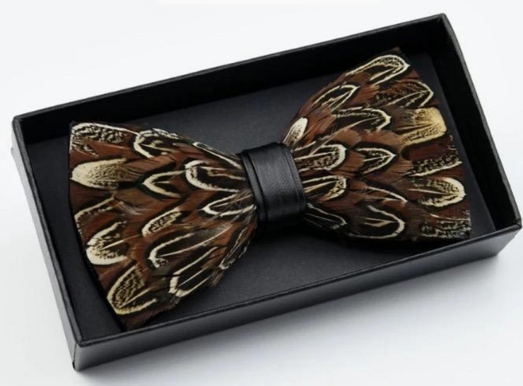 Handmade Brown Feather Bow Tie W/Lapel Pin Set