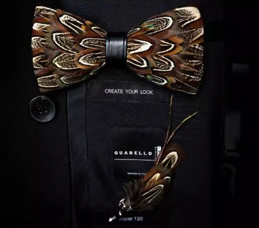 Handmade Brown Feather Bow Tie W/Lapel Pin Set