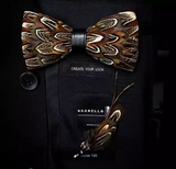 Handmade Brown Feather Bow Tie W/Lapel Pin Set