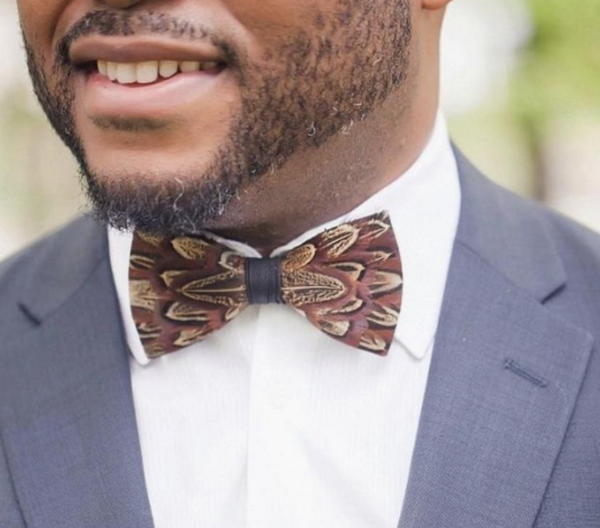 Handmade Brown Feather Bow Tie W/Lapel Pin Set