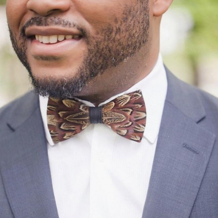 Handmade Brown Feather Bow Tie W/Lapel Pin Set