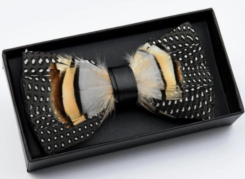 Handmade Wild Feather Bow Tie W/Lapel Pin Set