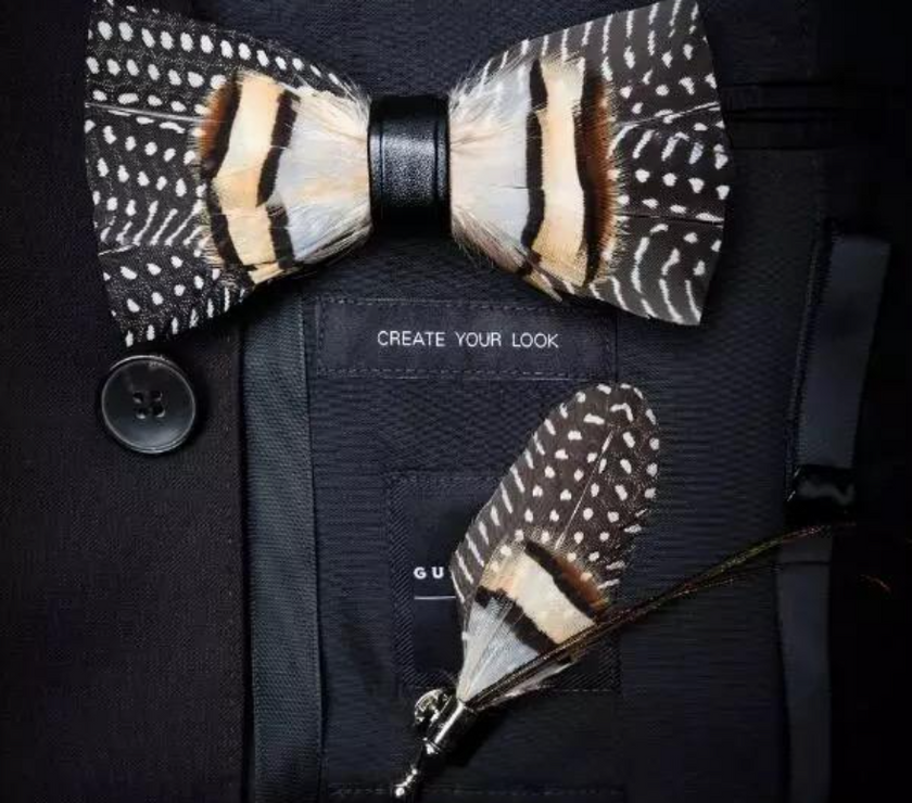 Handmade Wild Feather Bow Tie W/Lapel Pin Set