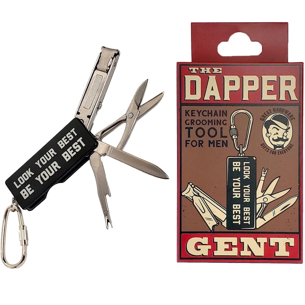 Keychain grooming tool with 'The Dapper Gent' packaging on a white background