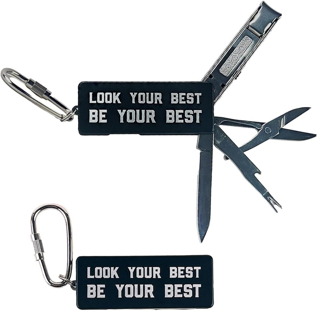 Multi-tool with 'Look Your Best Be Your Best' tag on a white background