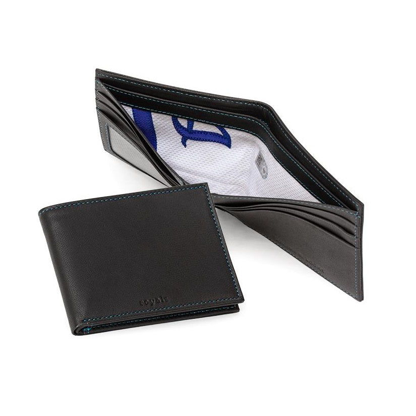 Black wallet with a branded interior on a white background