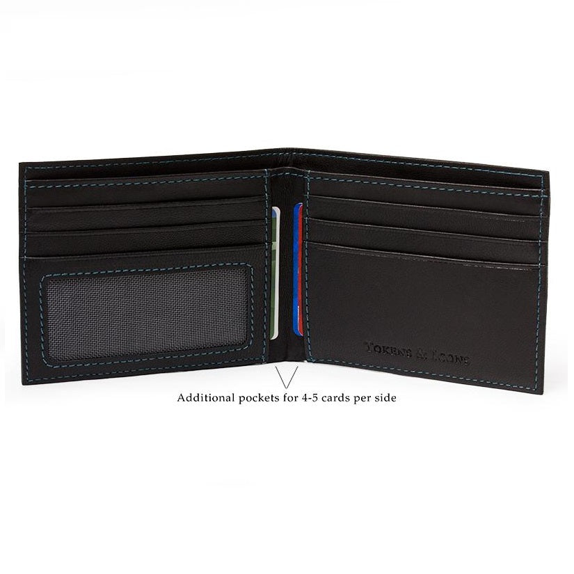 Black leather wallet with multiple card slots on a white background