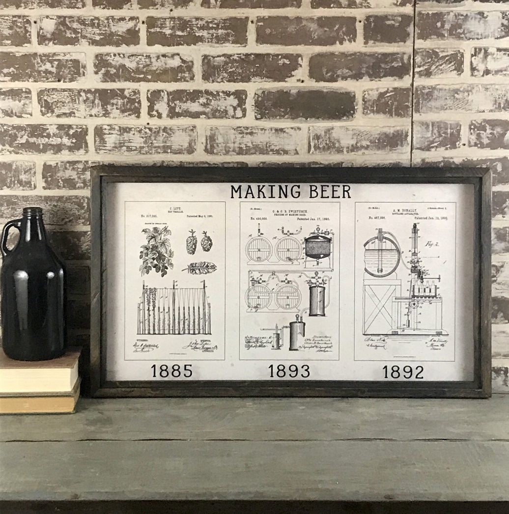 Framed art piece with the text 'MAKING BEER' on top, showing three vintage patent drawings related to beer making, in a reclaimed wood frame with a dark finish.
