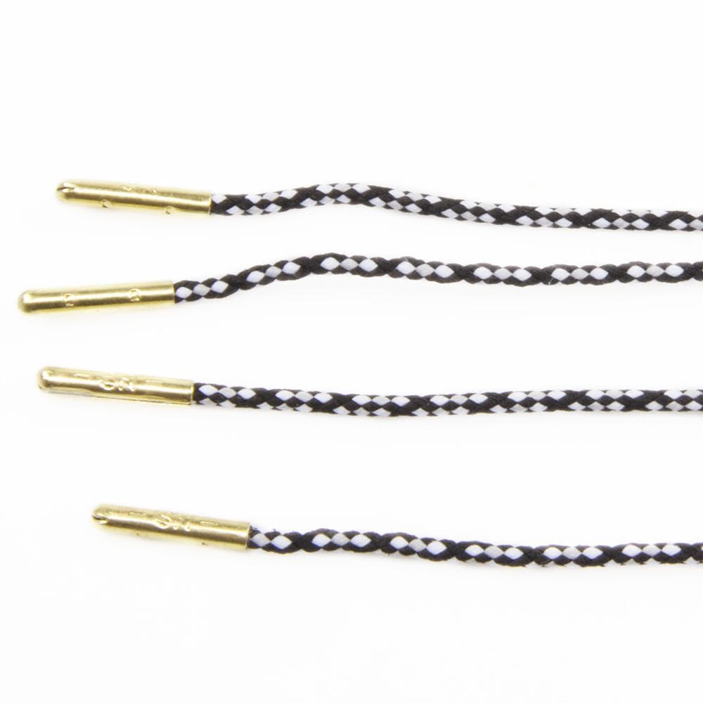 Black and white shoe laces with metal caps.