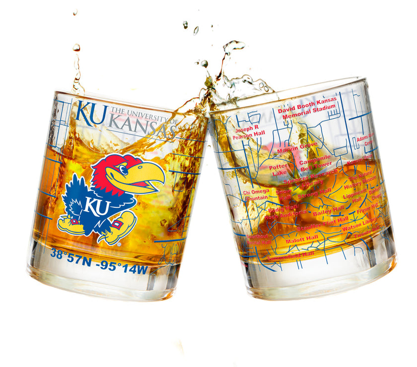 UNIVERSITY OF KANSAS WHISKEY GLASS SET (2 LOW BALL GLASSES)