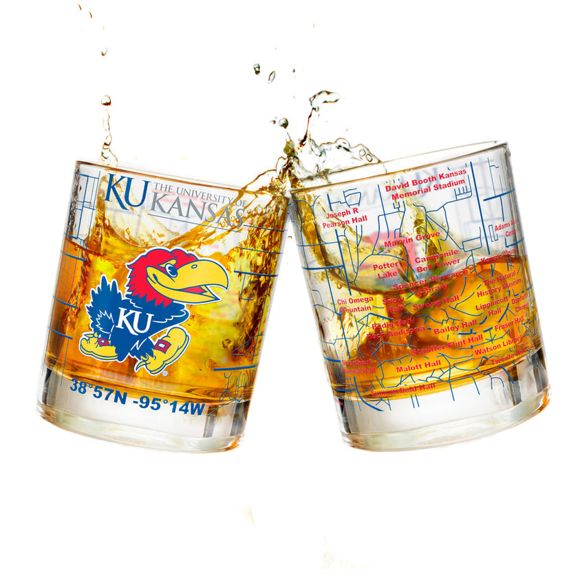 UNIVERSITY OF KANSAS WHISKEY GLASS SET (2 LOW BALL GLASSES)