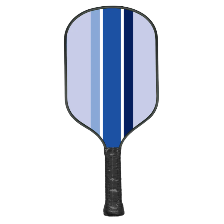 Pickleball paddle with blue and purple striped design on a white background
