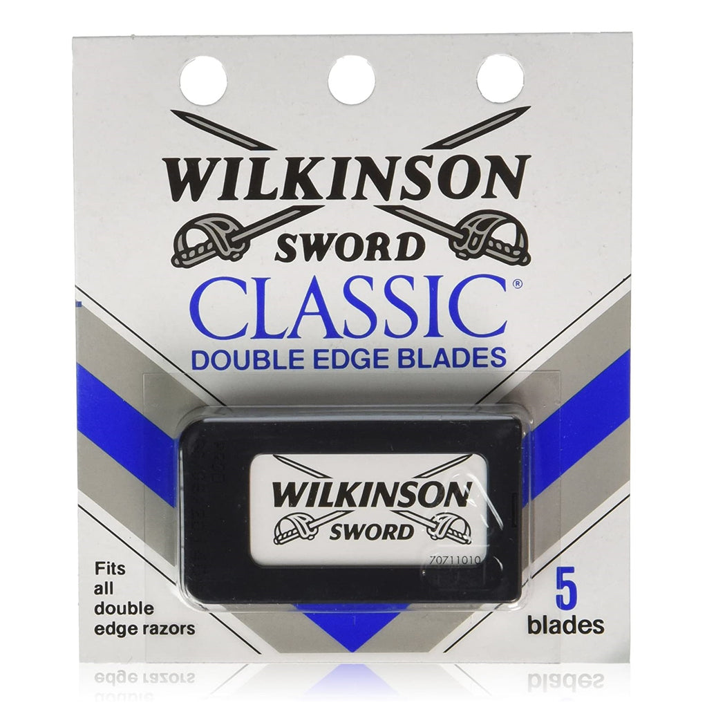 Wilkinson Sword Classic double edge blades packaging with '5 blades' displayed.