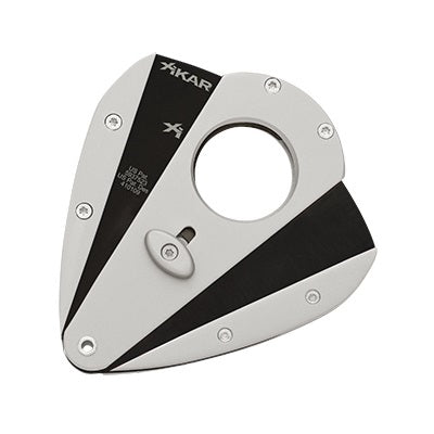A silver and black XiKAR Xi1 cigar cutter with stainless steel blades and an aluminum body.