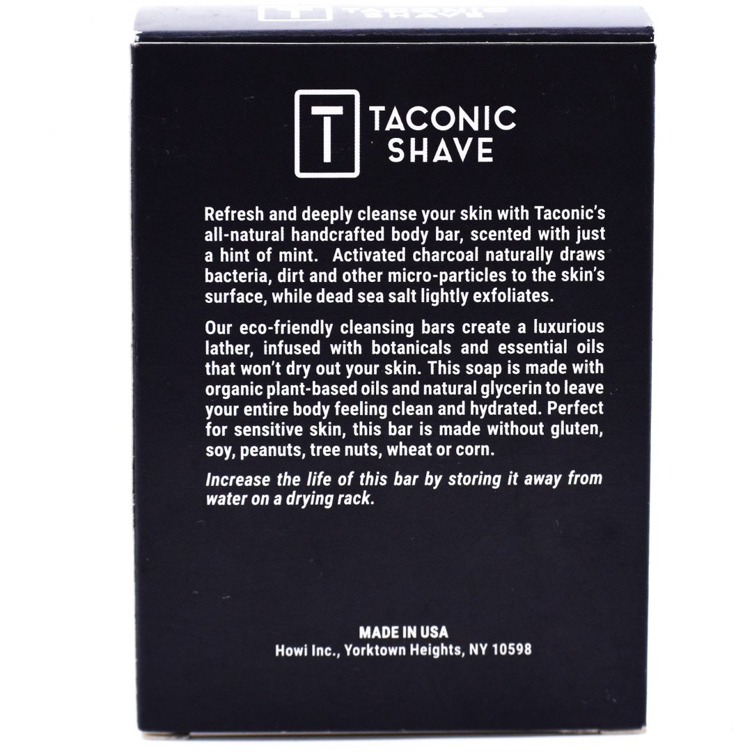 Taconic Shave product packaging with text on a black background