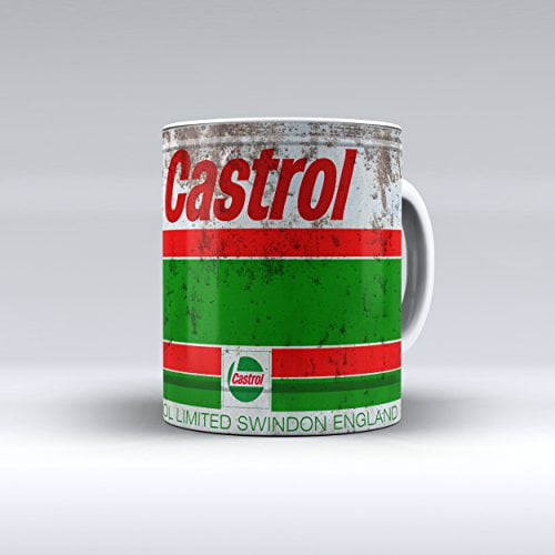 A ceramic coffee mug designed to look like a used antique motor oil can with the Castrol logo and red, green, and white color scheme.