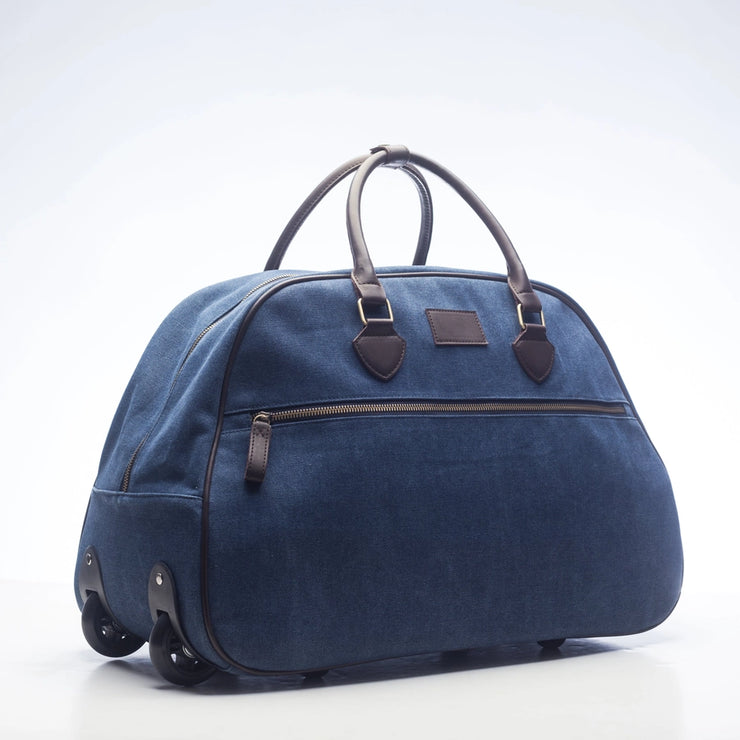 A blue Trolley Rolling Duffel. 