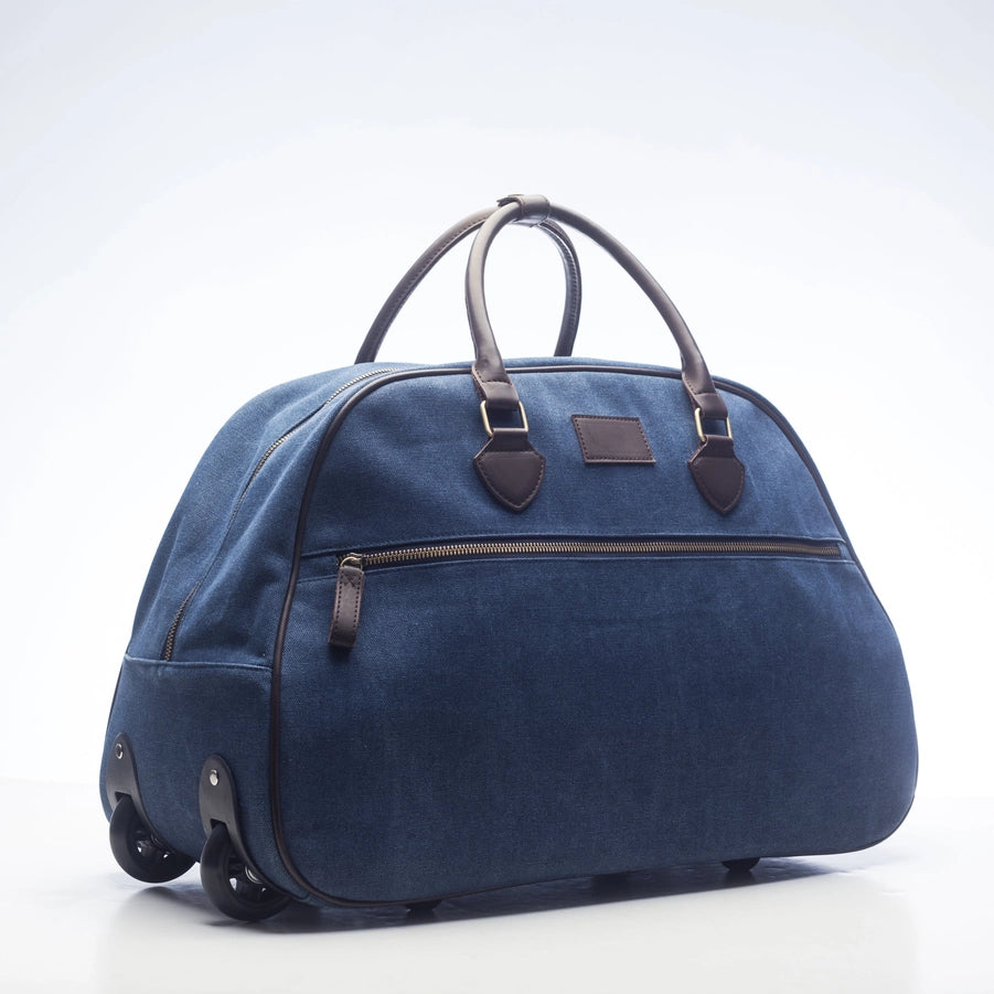 A blue Trolley Rolling Duffel. 