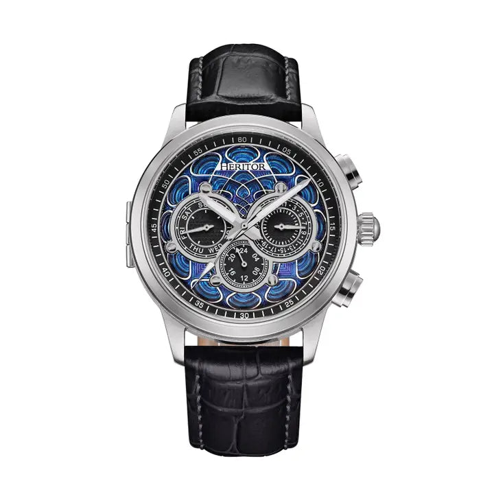 Apostle Leather Band Watch with Day/Date (Blue Face with Leather Band) | Heritor Automatic