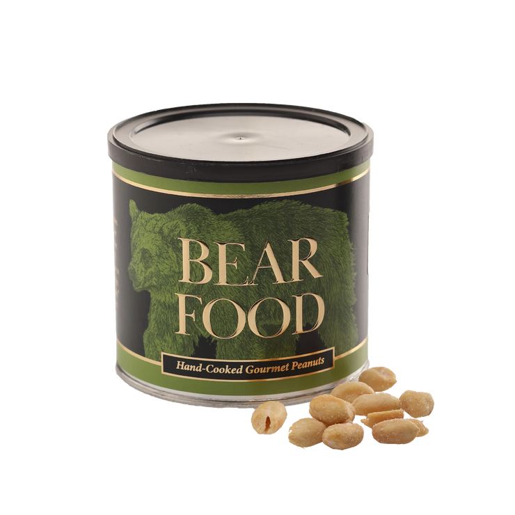 Can of 'Bear Food' with bear paw design on a white background