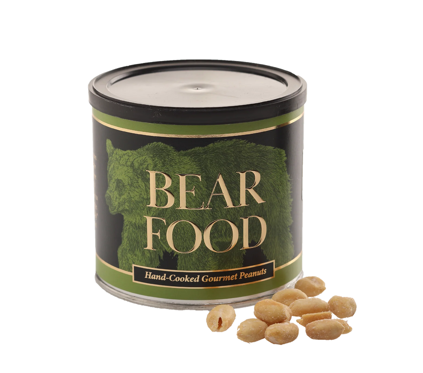 Can of 'Bear Food' with bear paw design on a white background