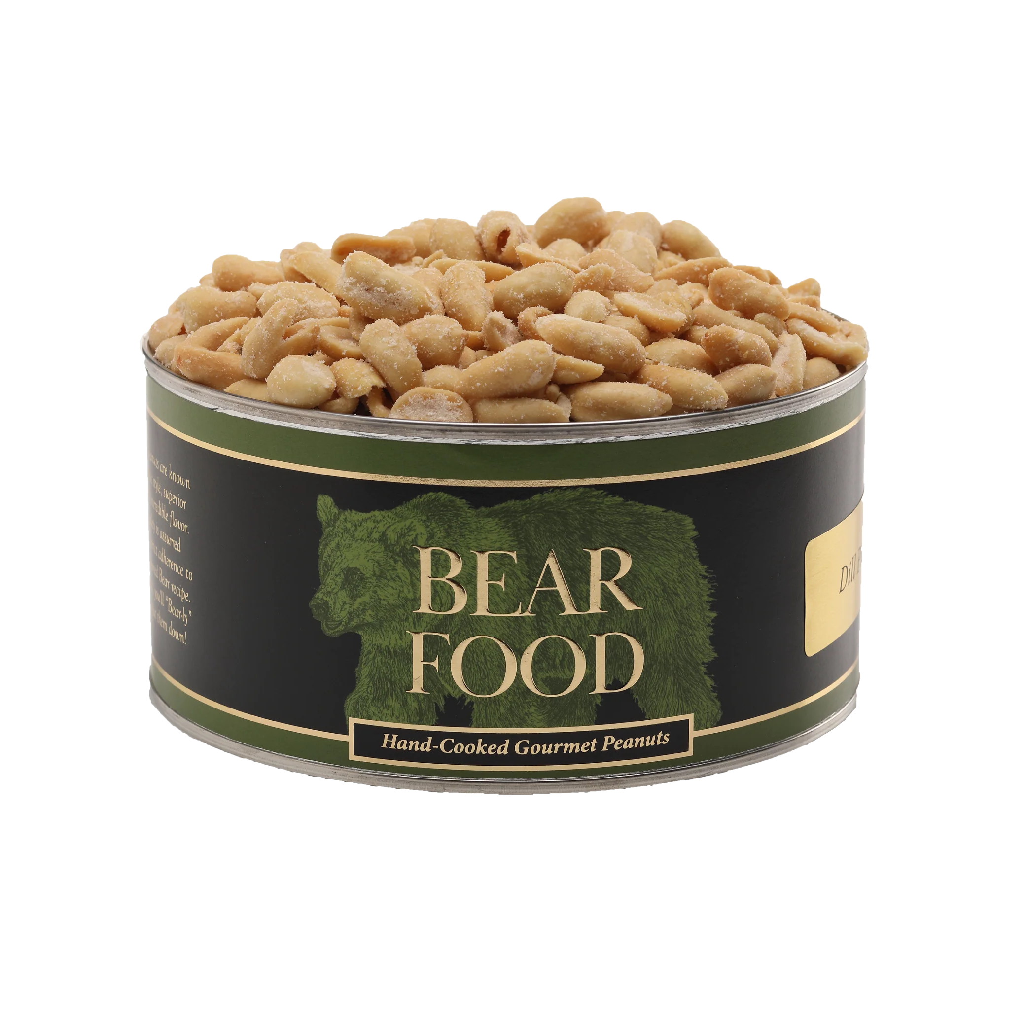 Canister of 'Bear Food' hand-cooked gourmet peanuts on a white background