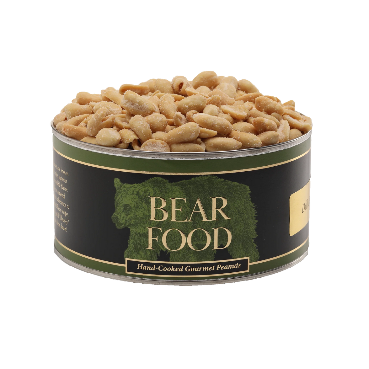 Canister of 'Bear Food' hand-cooked gourmet peanuts on a white background