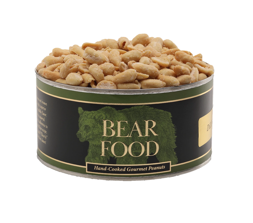 Canister of 'Bear Food' hand-cooked gourmet peanuts on a white background
