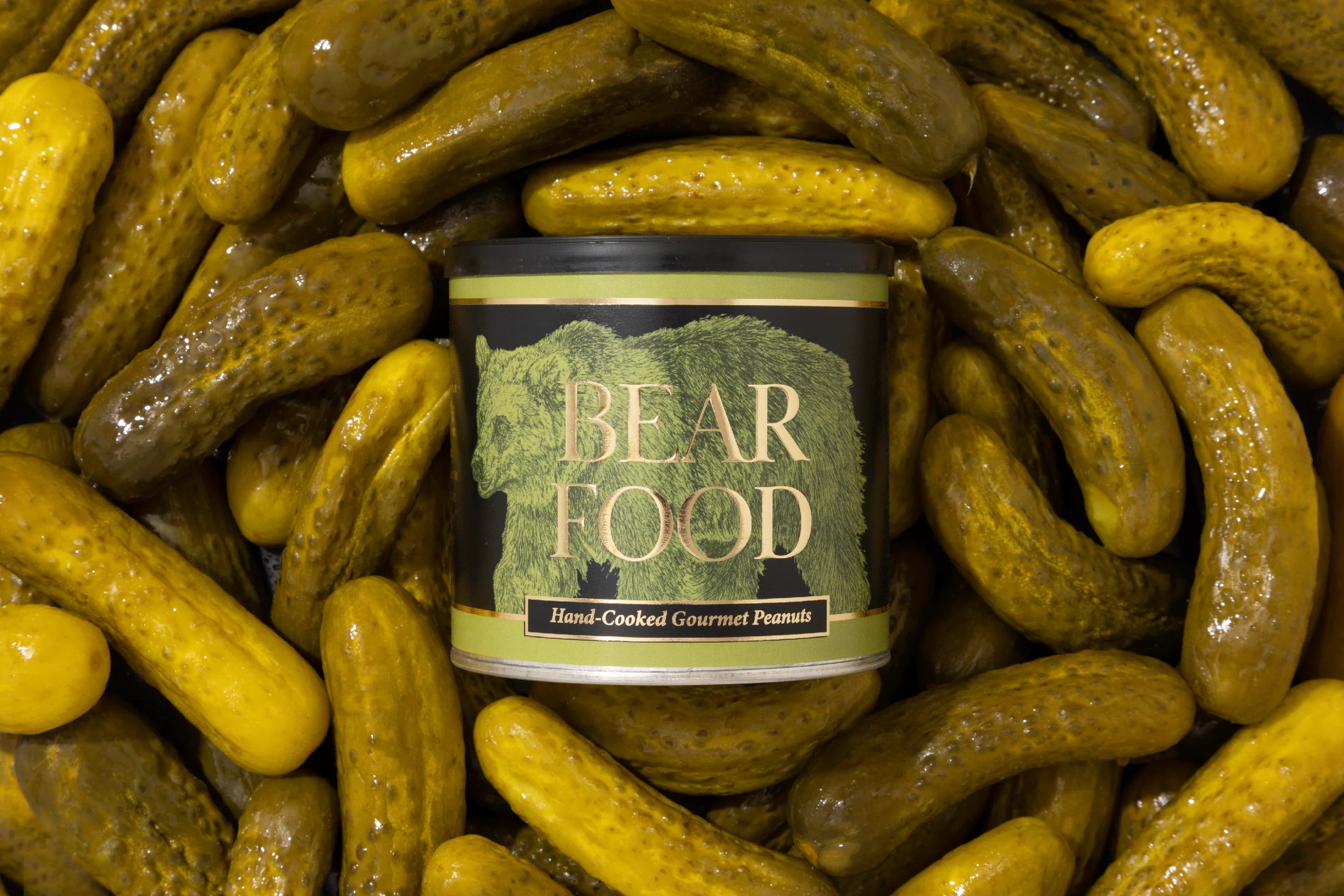 Jar of 'Bear Food' surrounded by pickles