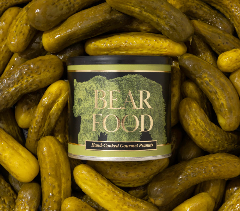 Jar of 'Bear Food' surrounded by pickles