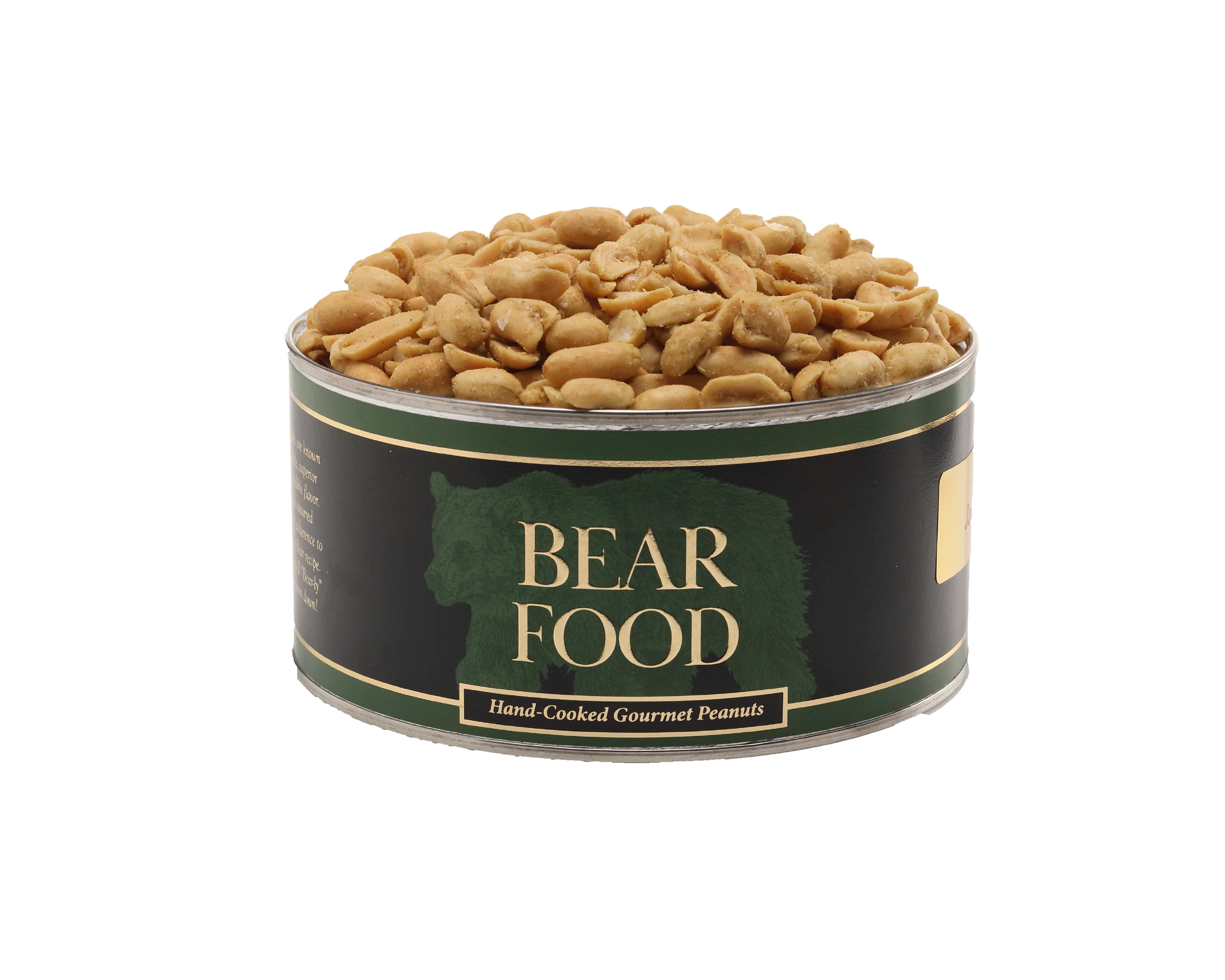 Can of 'Bear Food' gourmet peanuts on a white background