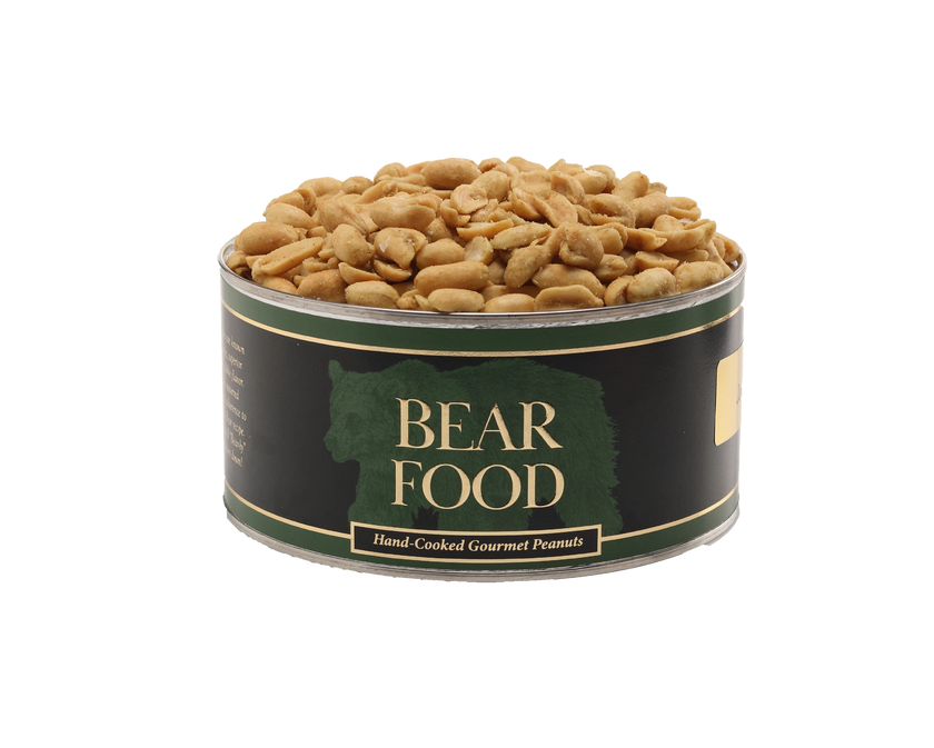 Can of 'Bear Food' gourmet peanuts on a white background