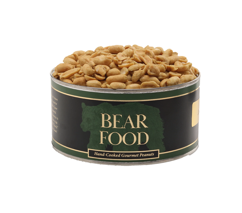 Can of 'Bear Food' gourmet peanuts on a white background