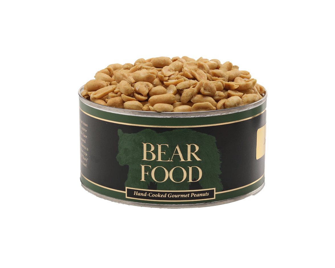 Can of 'Bear Food' gourmet peanuts on a white background