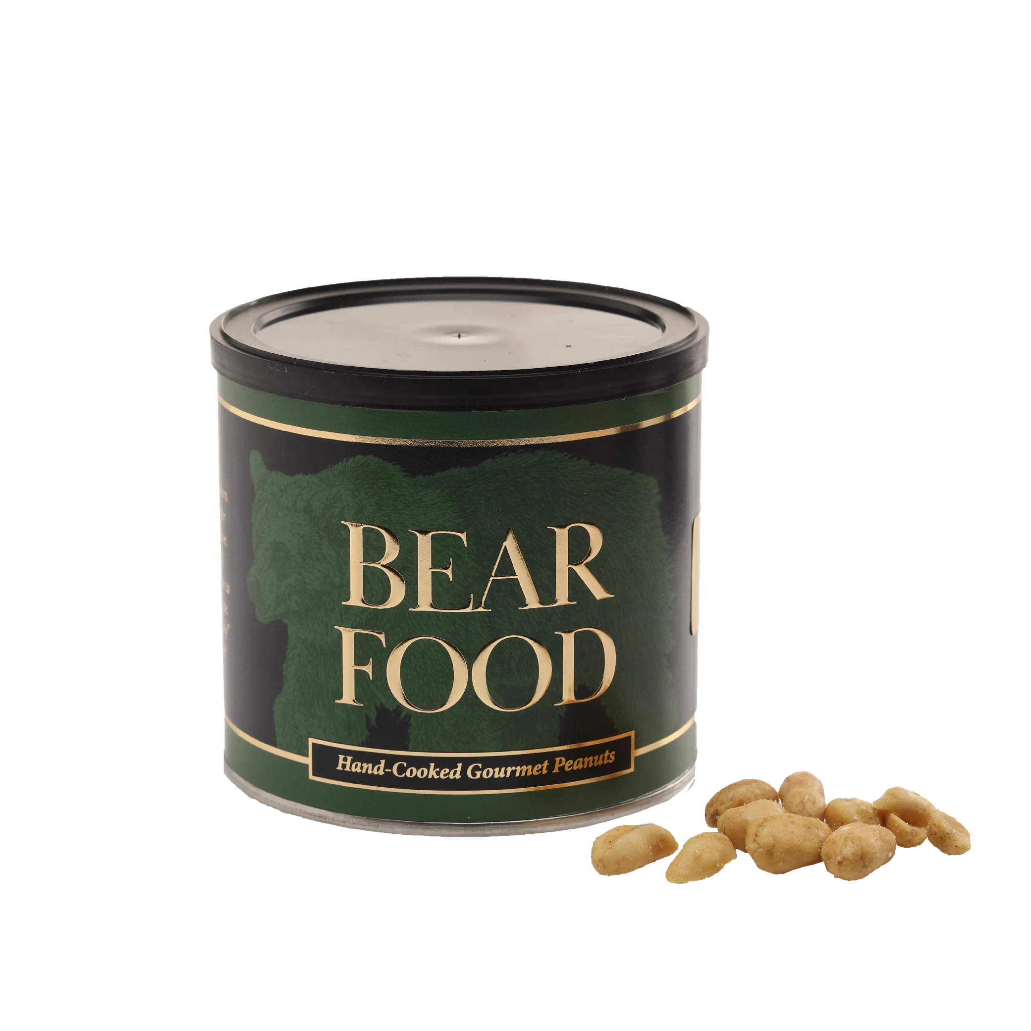 Canister labeled 'Bear Food' with peanuts next to it on a white background
