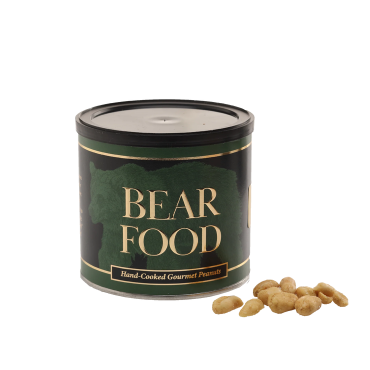 Canister labeled 'Bear Food' with peanuts next to it on a white background
