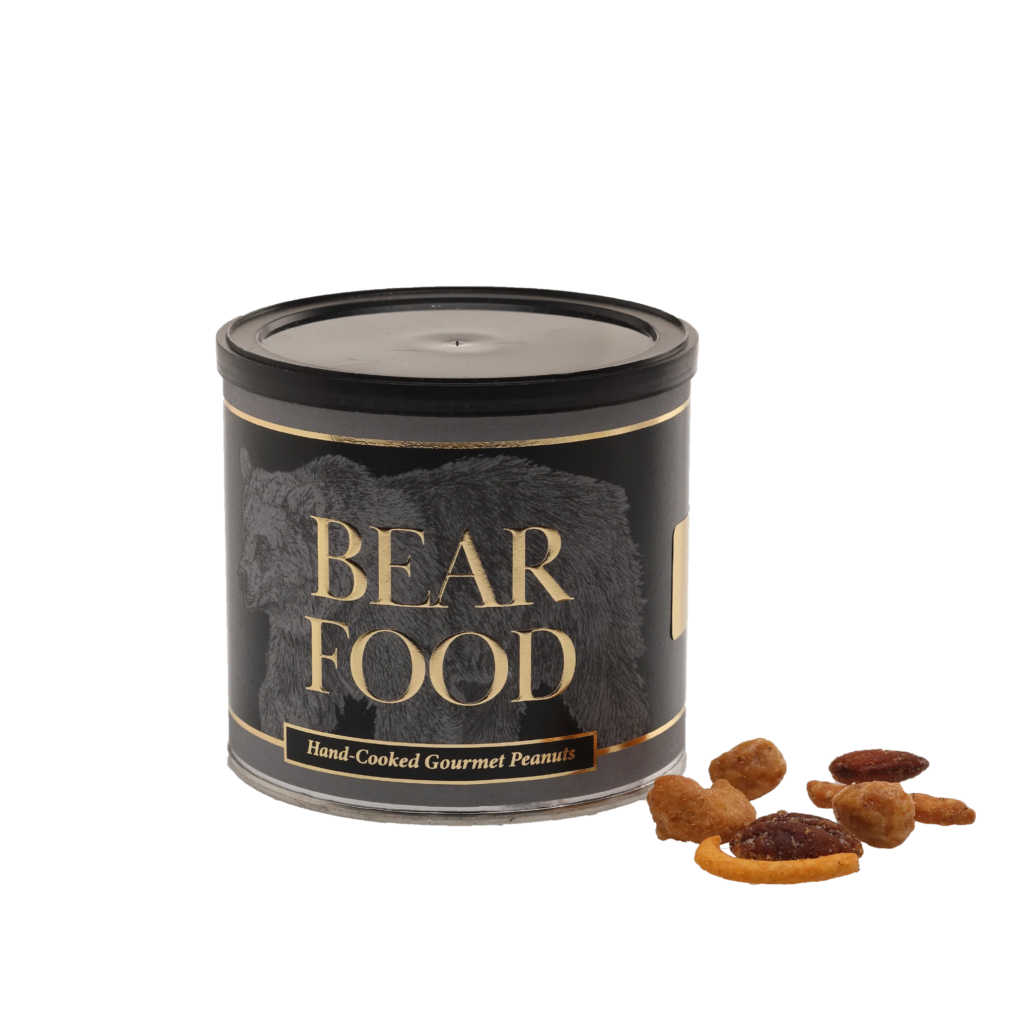 Jar labeled 'Bear Food' with small snacks on a white background